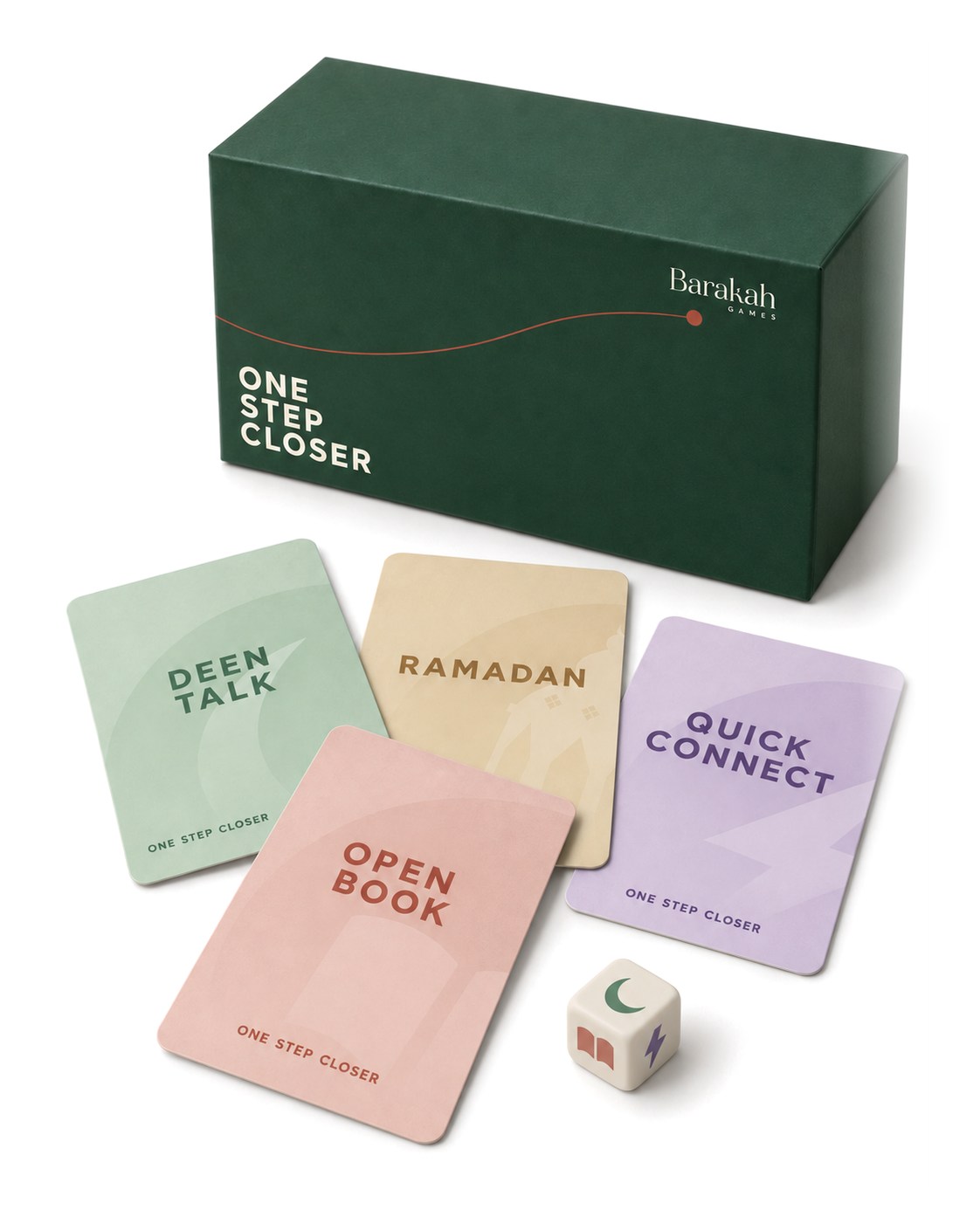 The One Step Closer box with the deck cards fanned in front of it and the die.
