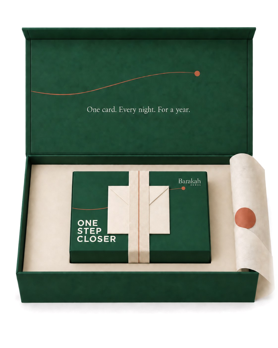 The Gift Edition case open, the deck inside under a ribbon with an envelope to write, and tissue folded back.